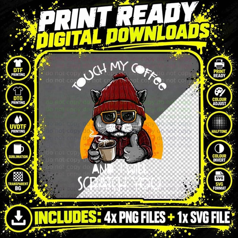 Cat with Coffee T-Shirt, Hipster Animal Print Png SVG Digital Bundle