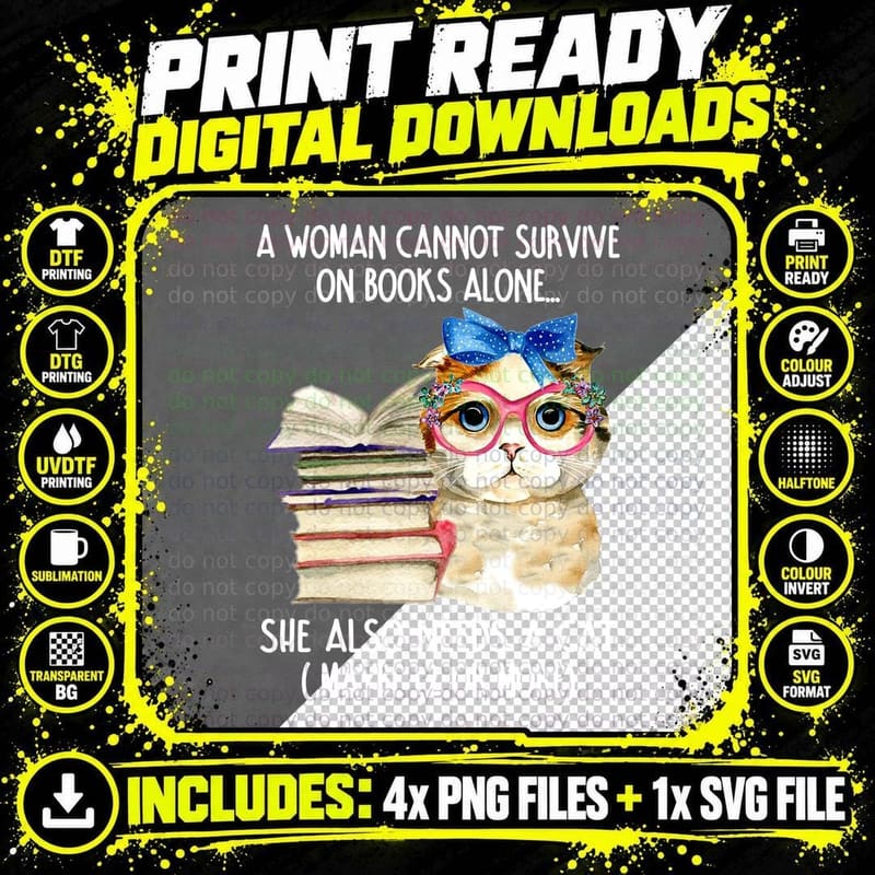 Cat with Glasses T-Shirt, Whimsical Animal Print Png SVG Digital Bundle