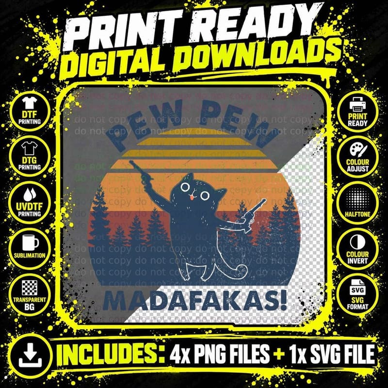 Cat with Guns T-Shirt, Vintage Retro Style Png SVG Digital Bundle