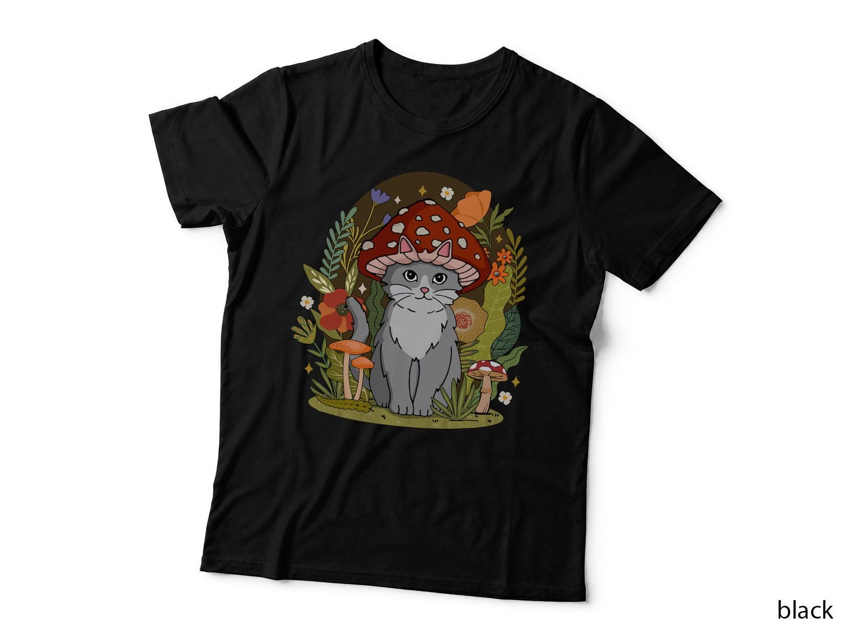 Cat with Mushroom Hat T-Shirt, Cottagecore Aesthetic, Pet Lover Apparel