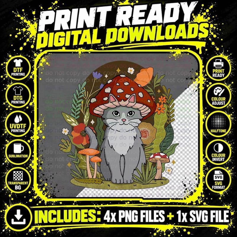 Cat with Mushroom Hat T-Shirt, Cottagecore Aesthetic Png SVG Digital Bundle