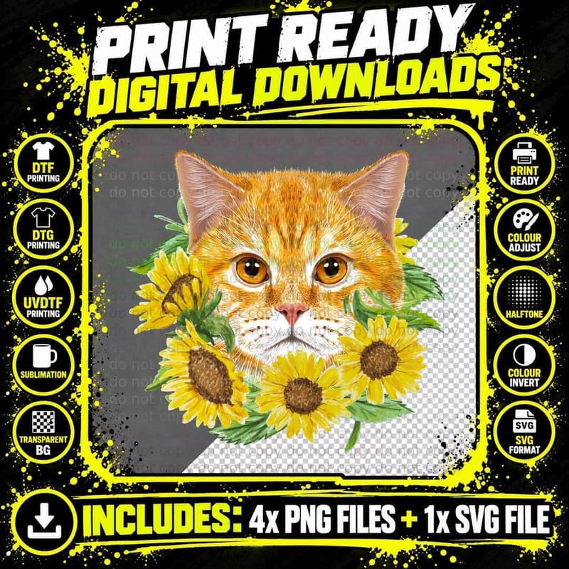 Cat with Sunflowers T-Shirt, Floral Botanical Png SVG Digital Bundle