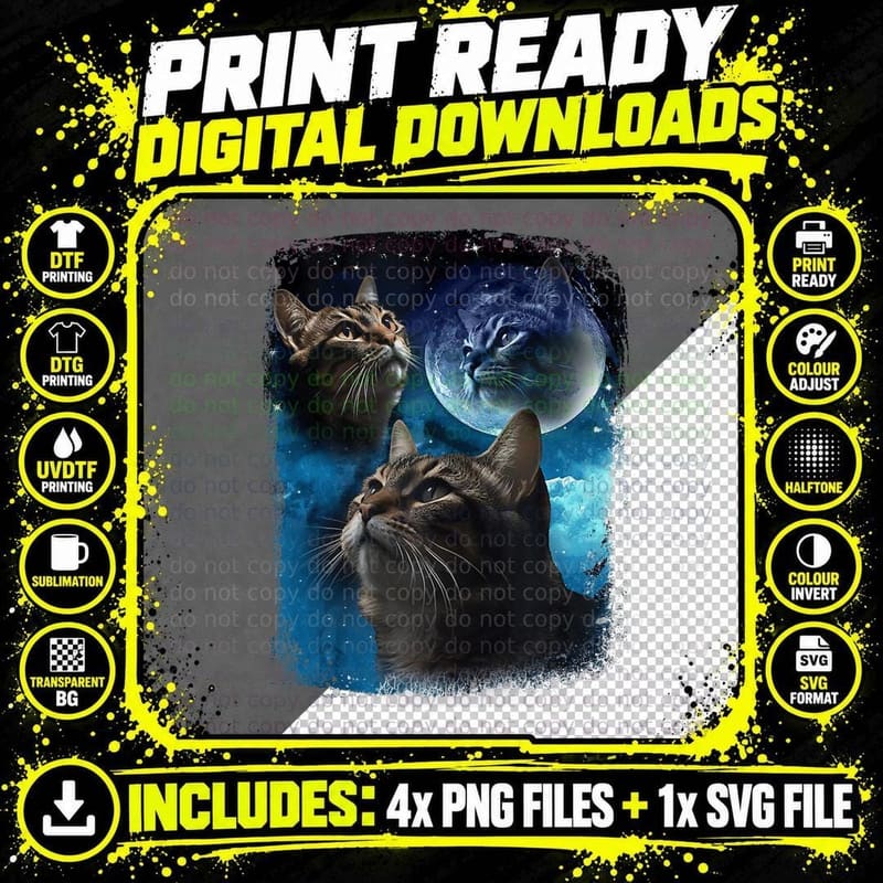 Cats Howl at Moon Funny Vintage Three Cat Howling Wolf Png SVG Digital Bundle