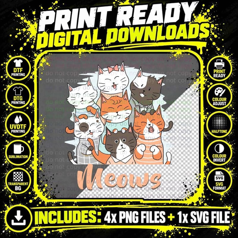 Cats Meowing T-Shirt, Whimsical Cat Design Png SVG Digital Bundle