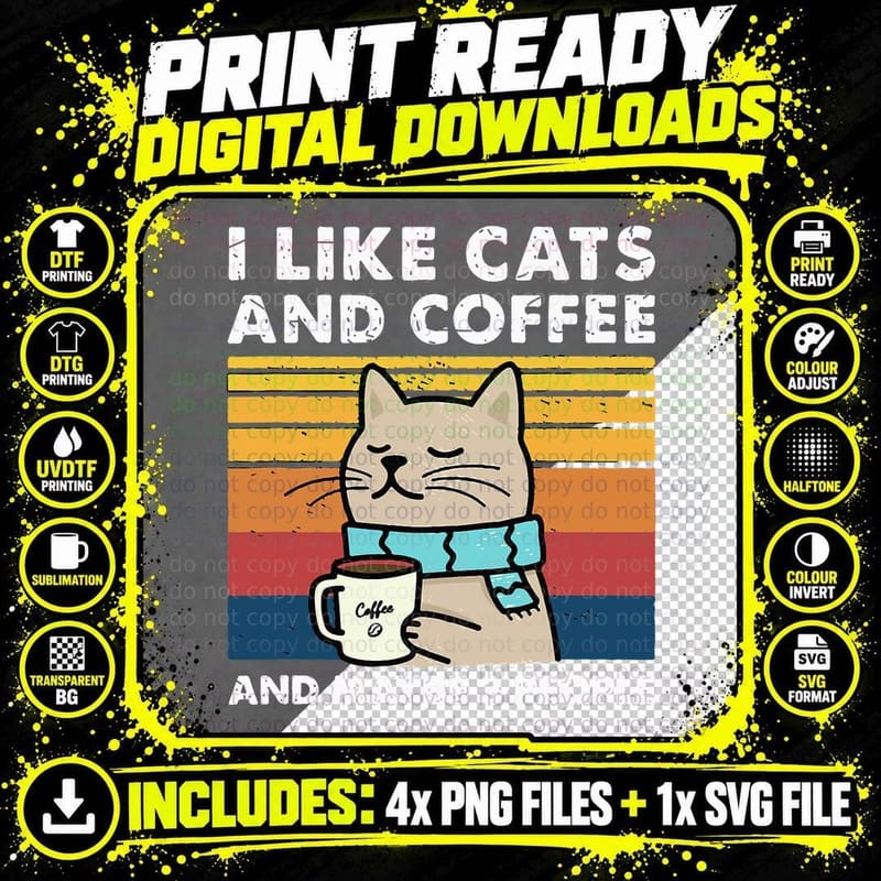 Cats and Coffee T-Shirt, Funny Cat Design Png SVG Digital Bundle