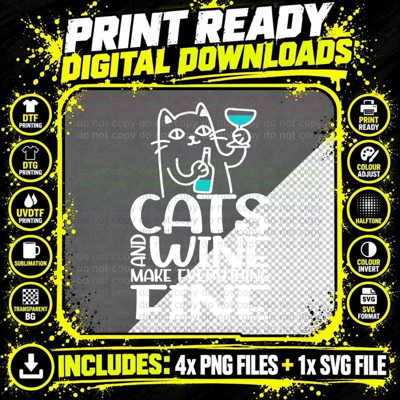 Cats and Wine Make Everything Fine T-Shirt Png SVG Digital Bundle