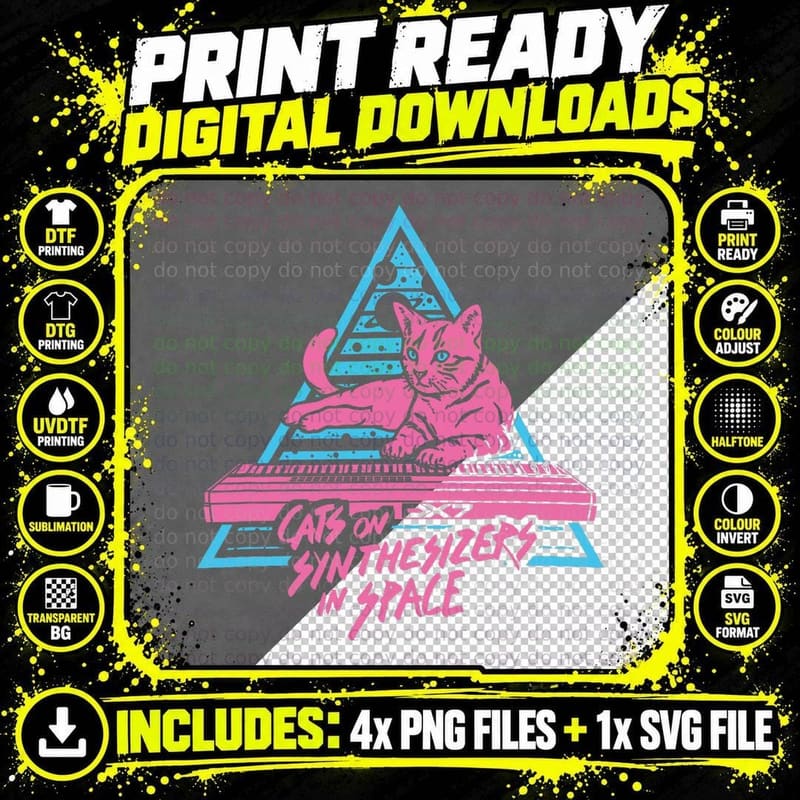 Cats on Synthesizers in Space T-Shirt, Space Cat Print Png SVG Digital Bundle