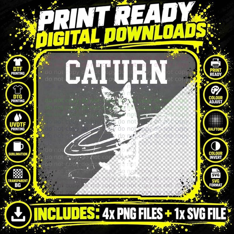 Caturn Saturn Space Cat T-Shirt, Space Cat Art Png SVG Digital Bundle