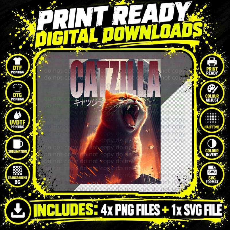 Catzilla Cat Lover T-Shirt, Pop Culture Parody Png SVG Digital Bundle