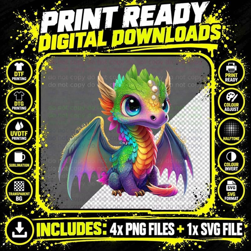 Colorful Baby Dragon T-Shirt, Fantasy Art Png SVG Digital Bundle