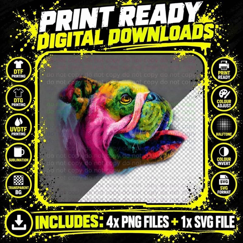 Colorful Bull Dog T-Shirt, Abstract Art Print Png SVG Digital Bundle
