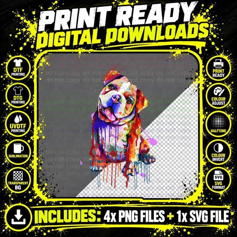 Colorful Bull Dog T-Shirt, Pop Art Style Png SVG Digital Bundle
