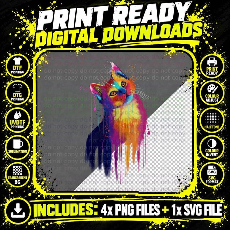 Colorful Cat T-Shirt, Abstract Art Design Png SVG Digital Bundle