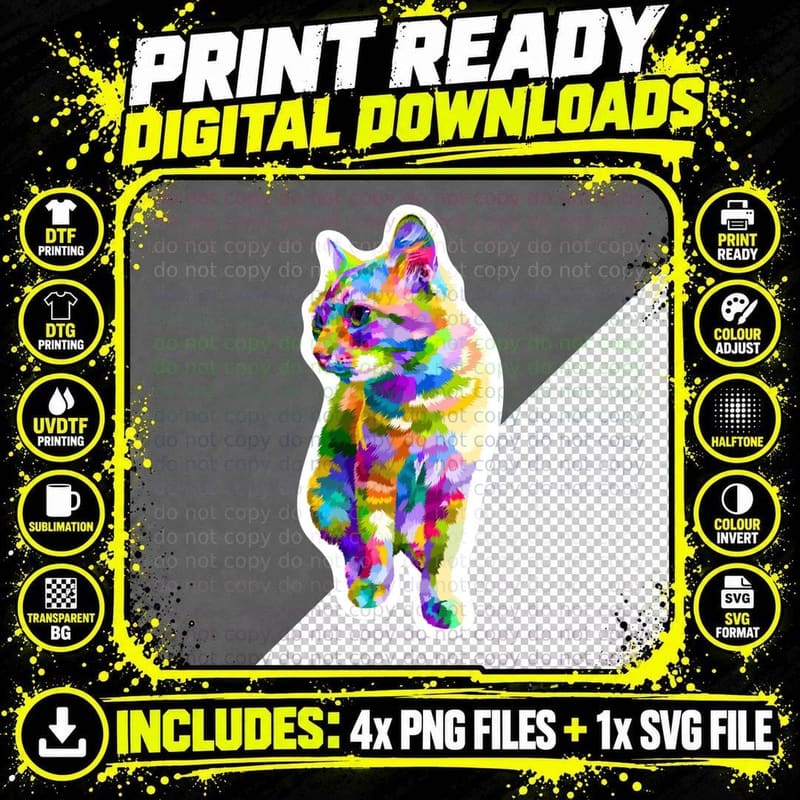 Colorful Cat T-Shirt, Pop Art Style, Pet Lover Apparel Png SVG Digital Bundle
