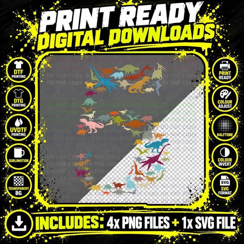 Colorful Dinosaur Silhouettes T-Shirt Png SVG Digital Bundle