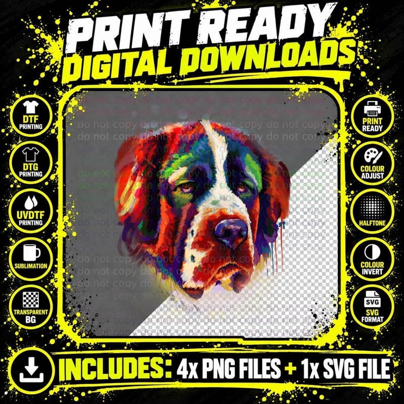 Colorful Saint Bernard T-Shirt, Artistic Pet Portrait Png SVG Digital Bundle