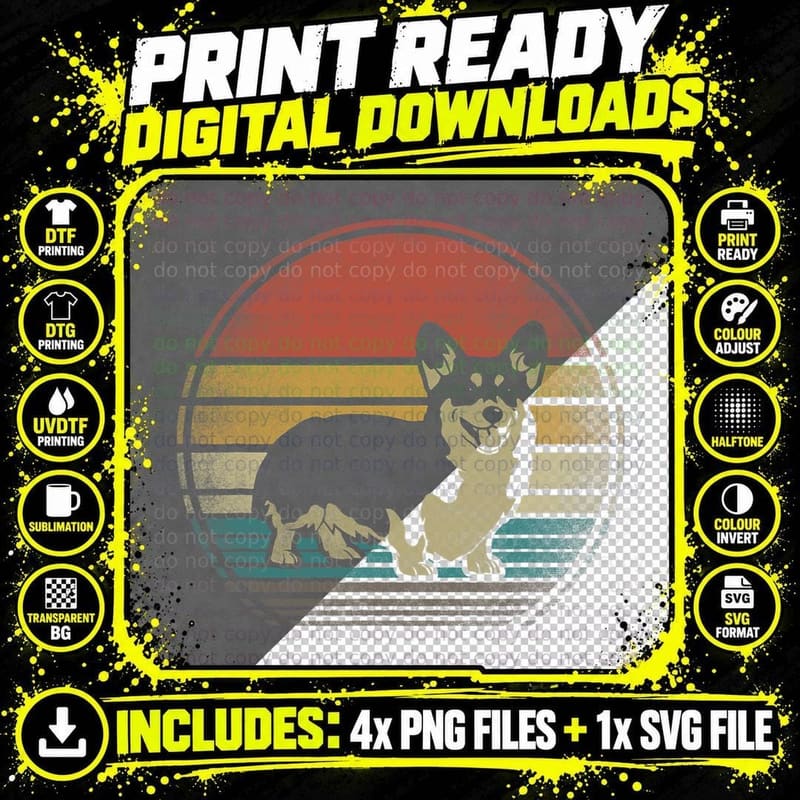 Corgi Dog Retro Vintage 60s 70s Funny Corgi Loves Gift Png SVG Digital Bundle
