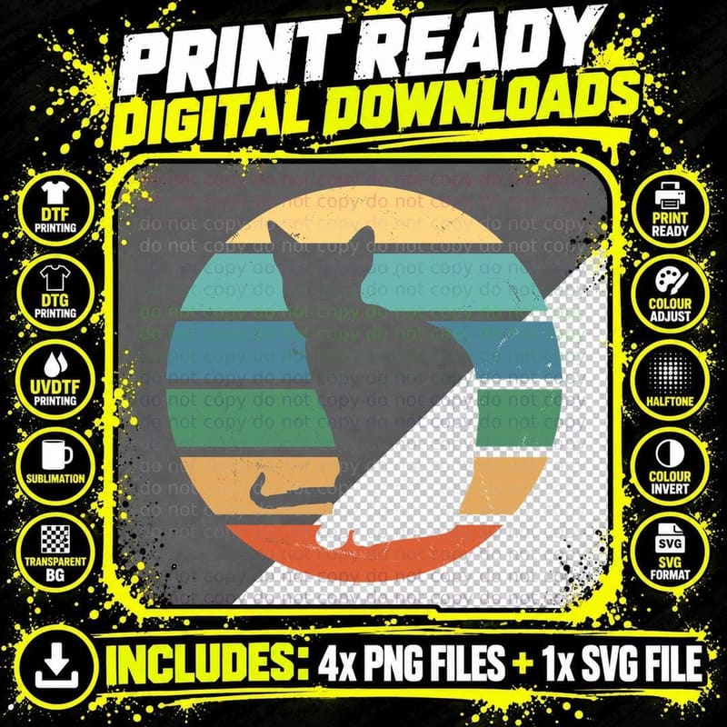 Cornish Rex Cat Silhouette T-Shirt, Vintage Retro Style Png SVG Digital Bundle