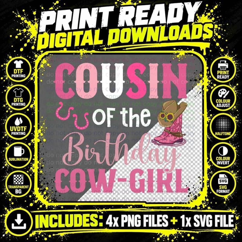 Cousin of the Birthday Cow Girl Rodeo Cowgirl T-Shirt Png SVG Digital Bundle