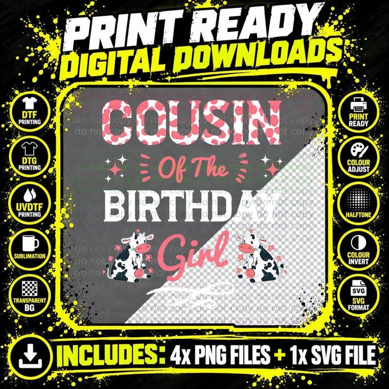 Cousin of the Birthday Girl Cow Farming Farm Matching Png SVG Digital Bundle