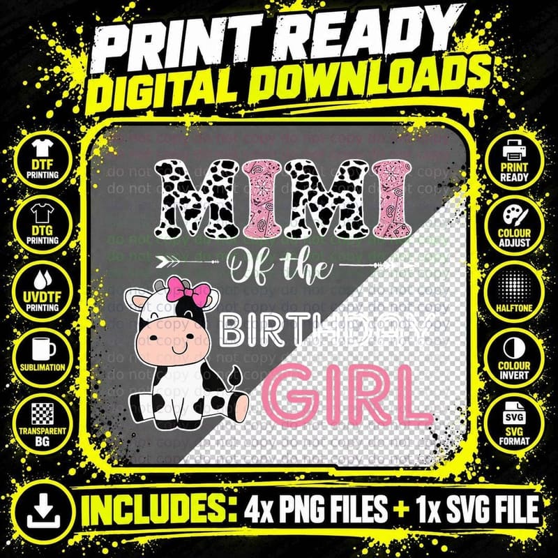 Cow Birthday Girl T-Shirt, Farm Animal Print Png SVG Digital Bundle