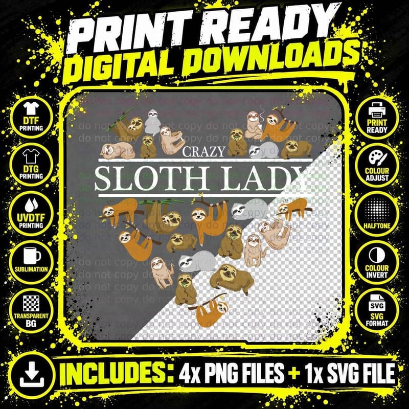 Crazy Sloth Lady T-Shirt, Animal Lover Apparel Png SVG Digital Bundle