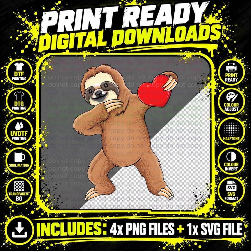 Cute Dabbing Sloth Holding Heart Love Sloth Valentines Png SVG Digital Bundle