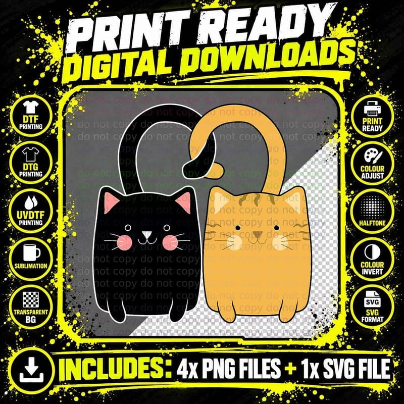 Cute Ginger Cat Black Kitten Love Valentines Day Girls Png SVG Digital Bundle