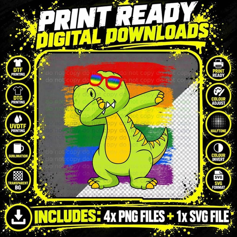 Dabbing Dinosaur LGBT Pride T-Shirt, Rainbow Pride Png SVG Digital Bundle