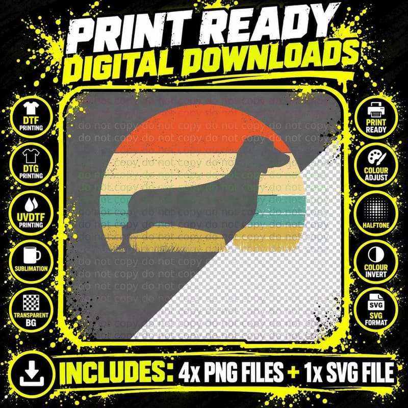 Dachshund Retro T-Shirt, Vintage Dog Print Png SVG Digital Bundle