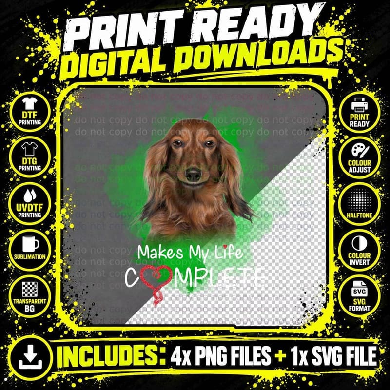 Dachshund T-Shirt, Long Haired Dog Print Png SVG Digital Bundle