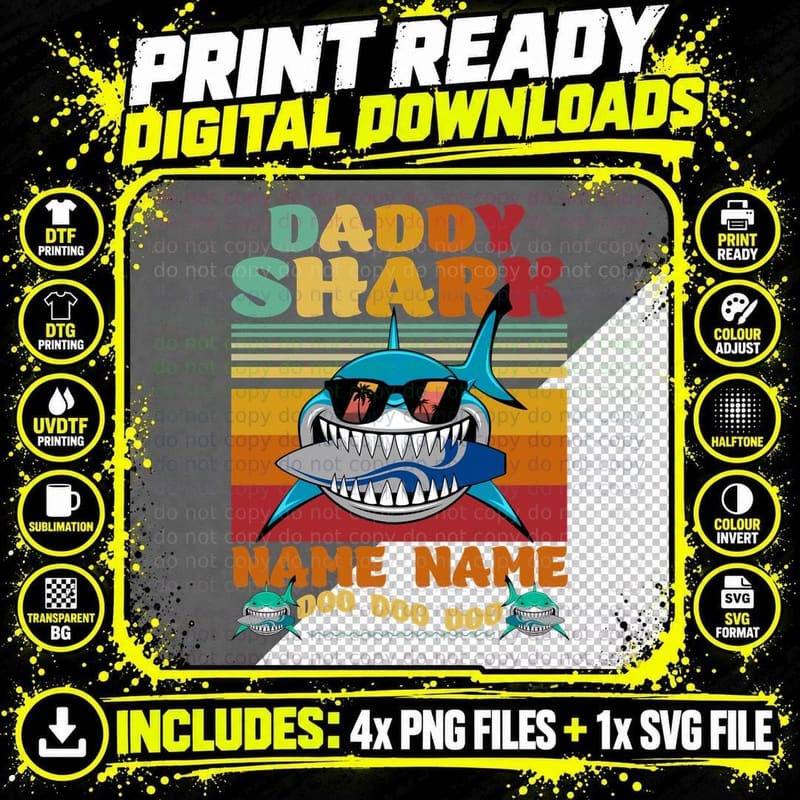 Daddy Shark Custom Name T-Shirt, Retro Vintage Style Png SVG Digital Bundle