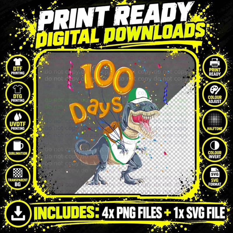 Dinosaur 100 Days School T-Shirt, Party Celebration Png SVG Digital Bundle