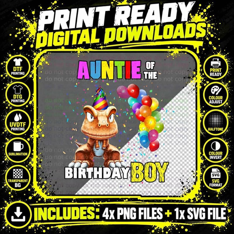 Dinosaur Birthday Boy Auntie T-Shirt, Party Animal Png SVG Digital Bundle