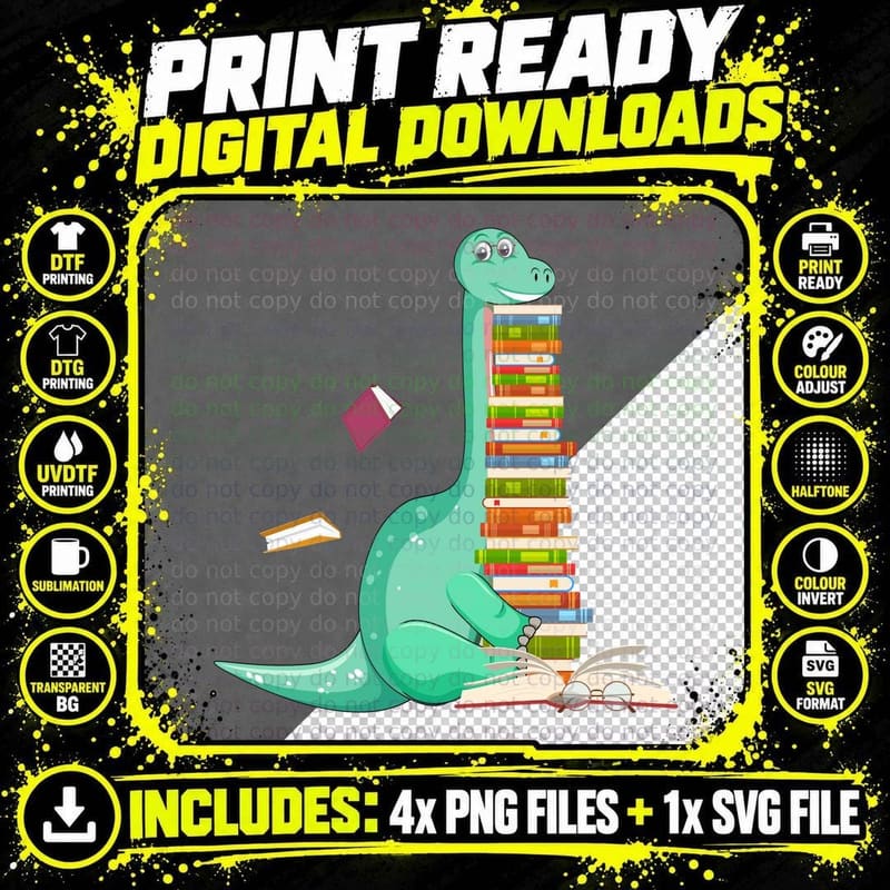 Dinosaur Reading Book T-Shirt, Prehistoric Bookworm Style Png SVG Digital Bundle