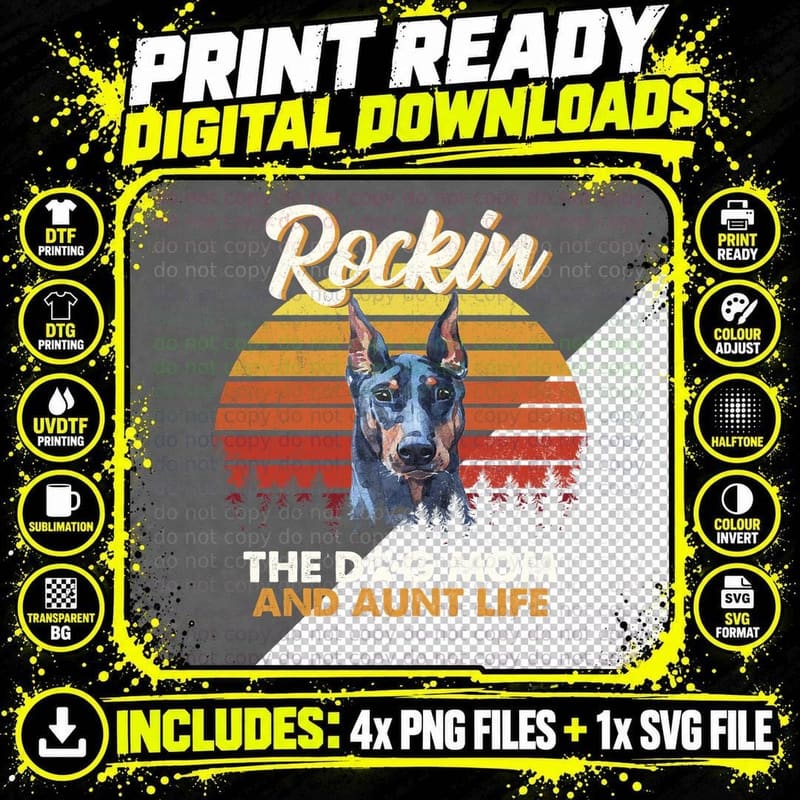 Doberman T-Shirt, Retro Sunset Style, Dog Mom Apparel Png SVG Digital Bundle