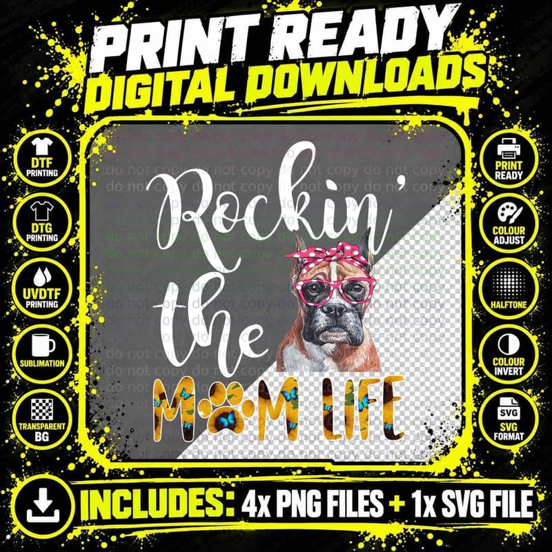 Dog Mom Boxer Cute Rockin the Mom Life T-Shirt Png SVG Digital Bundle