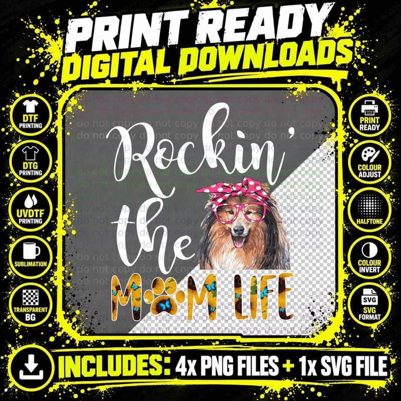 Dog Mom Rough Collie Cute Rockin the Mom Life T-Shirt Png SVG Digital Bundle