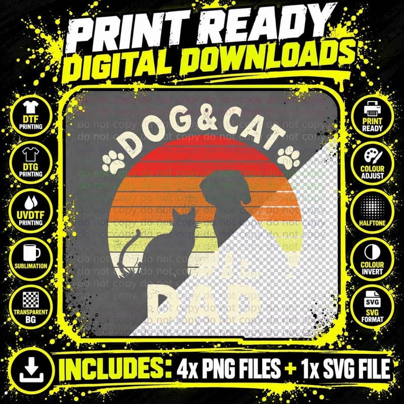 Dog and Cat Dad T-Shirt, Vintage Retro, Pet Lover Apparel Png SVG Digital Bundle