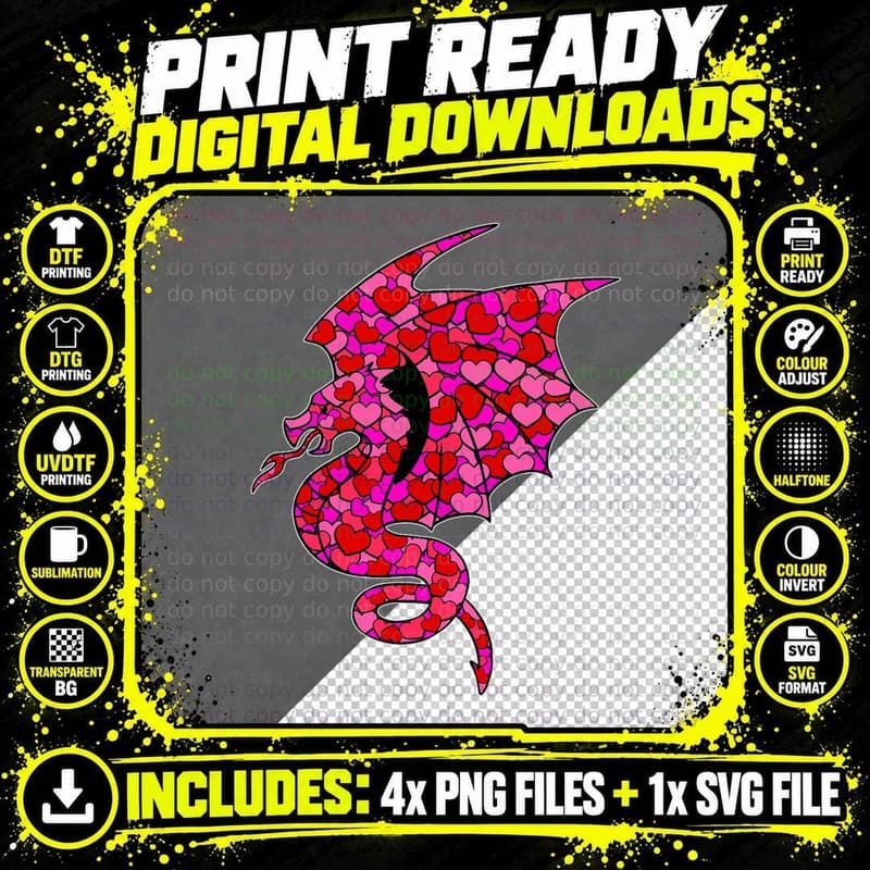 Dragon Heart Pattern Valentines Day Cute Fantasy Board Png SVG Digital Bundle