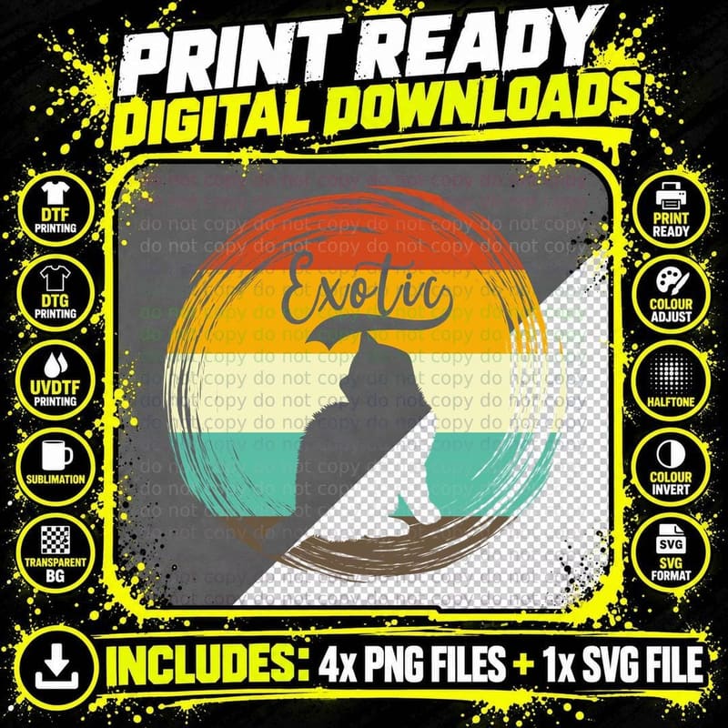 Exotic Cat T-Shirt, Retro Rainbow Style Png SVG Digital Bundle