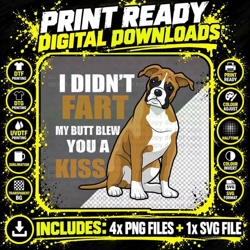 Fart Kiss Boxer Dog T-Shirt, Funny Animal Humor Png SVG Digital Bundle