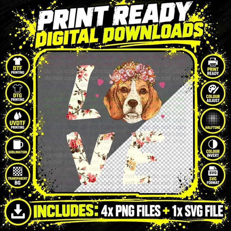 Floral Beagle Love T-Shirt, Romantic Pet Print Png SVG Digital Bundle