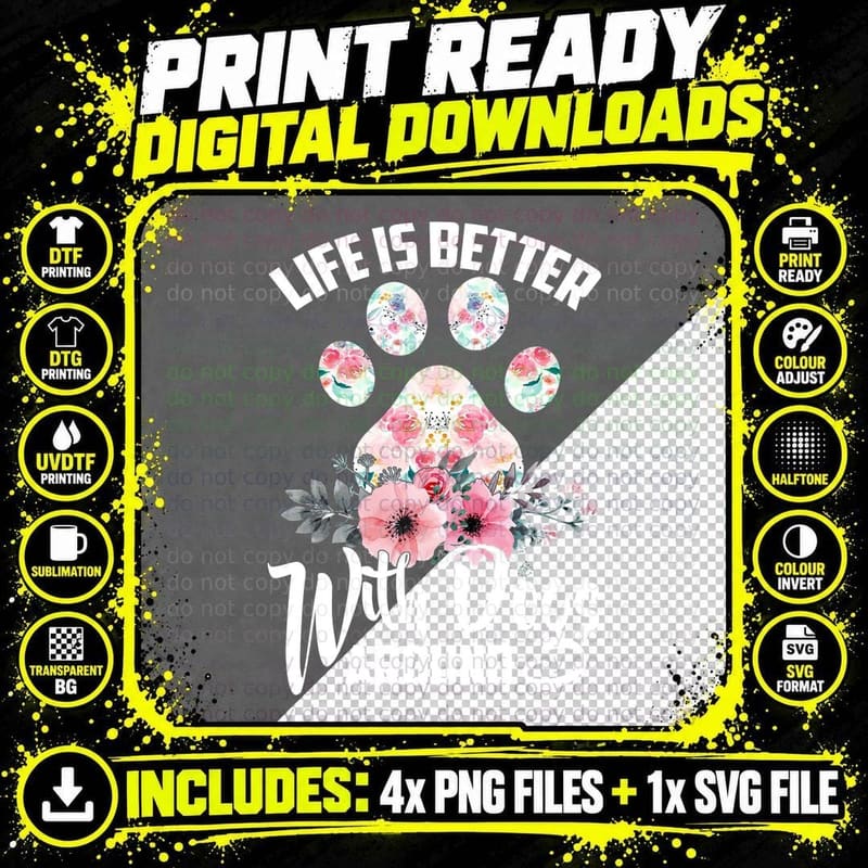 Floral Paw Print T-Shirt, Watercolor Pet Lover Apparel Png SVG Digital Bundle