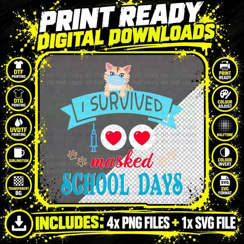 Funny Cat I Survived Masked School Days T-Shirt, Cats Png SVG Digital Bundle