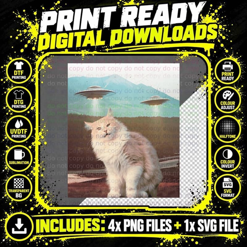 Funny Cat Retro Alien UFO T-Shirt Png SVG Digital Bundle