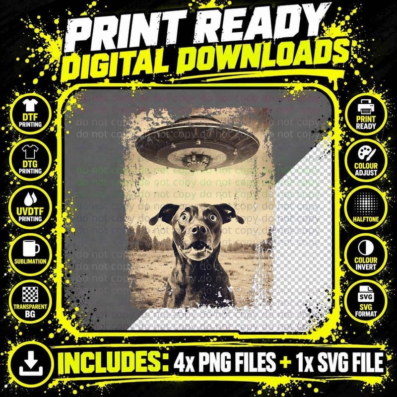 Funny Dog with UFO Retro Vintage Uncanny Alien UFO Png SVG Digital Bundle