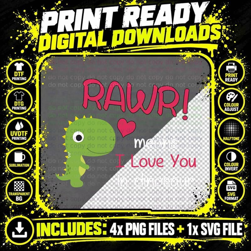 Funny Trex Valentines Day Rawr Means I Love You in Png SVG Digital Bundle