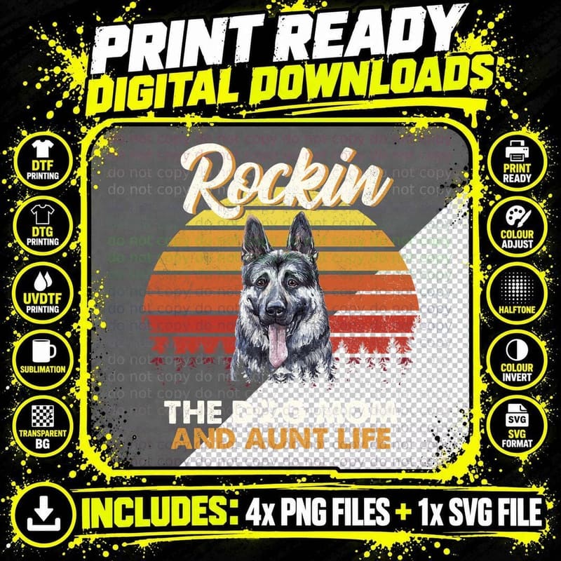 German Shepherd T-Shirt, Retro Sunset Style Png SVG Digital Bundle