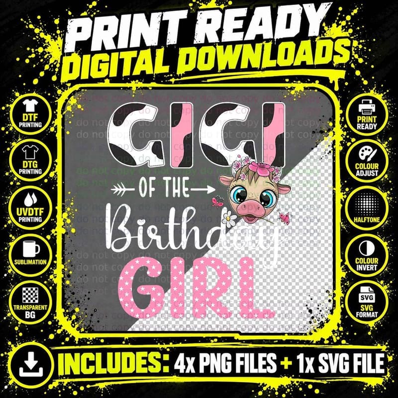 Gigi Birthday Girl Cow T-Shirt, Pink Cow Print Png SVG Digital Bundle